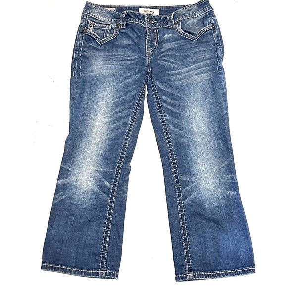 Mek Denim Oaxaca Cropped Embellished Pocket Medium Wash Denim Jeans Women's 27 - Picture 1 of 7
